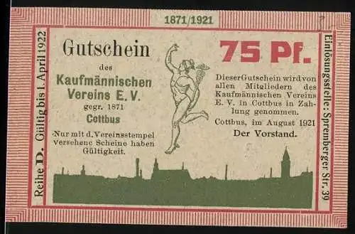 Notgeld Cottbus 1921, 75 Pf, Gutschein des Kaufmännischen Vereins E.V. gegr. 1871, Stadtansicht und Athletenabbildung