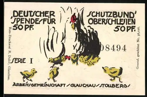 Notgeld Glauchau, 50 Pf, Deutscher Spende für Schutzbund Oberschlesien mit Hahn und Küken