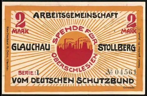 Notgeld Glauchau, 1921, 2 Mark, Arbeitsgemeinschaft Glauchau-Stollberg, Spende für Oberschlesien, Serie I, Nr. 04561