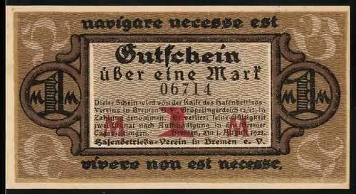 Notgeld Bremen 1921, 1 Mark, Gutschein über eine Mark mit Segelschiffabbildung