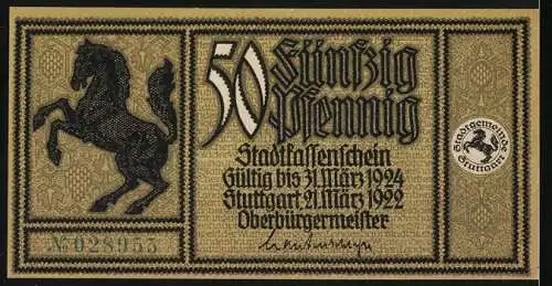 Notgeld Stuttgart 1922, 50 Pfennig, Ältestenhäuser Hof und springendes Pferd