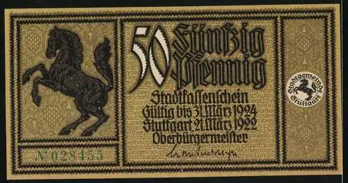 Notgeld Stuttgart 1922, 50 Pfennig, Pferd und Nachrichtenturm bei der Hauptstatt um 1700