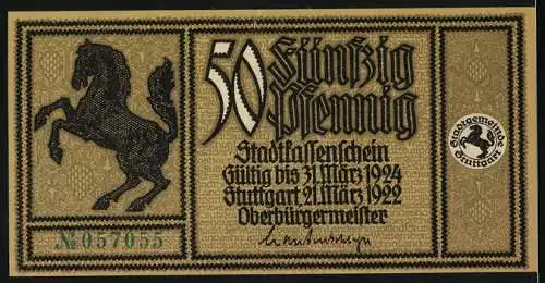 Notgeld Stuttgart 1922, 50 Pfennig, Herzogliche Schlossanlage und Rathaus mit Pferd