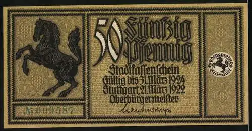 Notgeld Stuttgart 1922, 50 Pfennig, Stadtkassenschein mit Pferd und historischer Stadtansicht