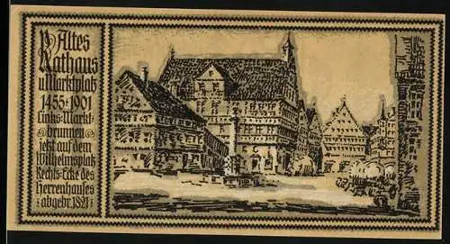 Notgeld Stuttgart 1922, 50 Pfennig, Altes Rathaus und Marktplatz mit Pferd und Stadtwappen