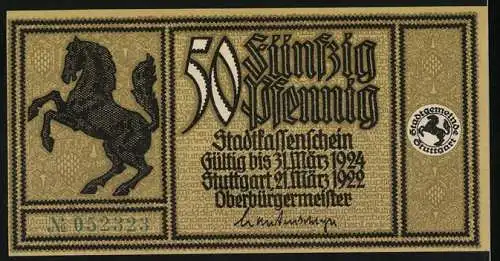 Notgeld Stuttgart 1922, 50 Pfennig, Pferd und Stadtansicht im Hintergrund