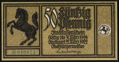 Notgeld Stuttgart 1922, 50 Pfennig, Herrenhaus auf dem Marktplatz und Pferd Abbildung