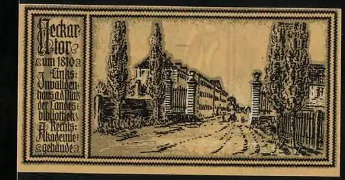 Notgeld Stuttgart 1922, 50 Pfennig, Invalidenhaus Landessbibliothek Rechtsakademie Gebäude und Schwarzes Pferd
