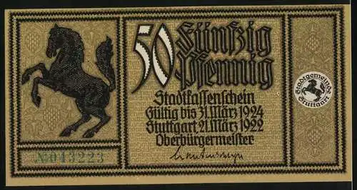 Notgeld Stuttgart 1922, 50 Pfennig, Invalidenhaus Landessbibliothek Rechtsakademie Gebäude und Schwarzes Pferd