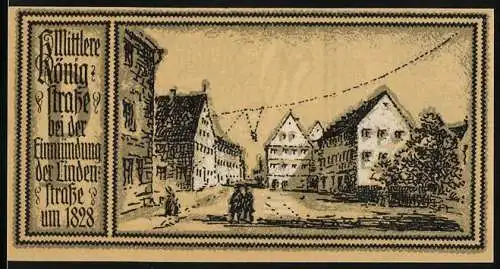 Notgeld Stuttgart 1922, 50 Pfennig, Darstellung der Königstrasse um 1828 und springendes Pferd