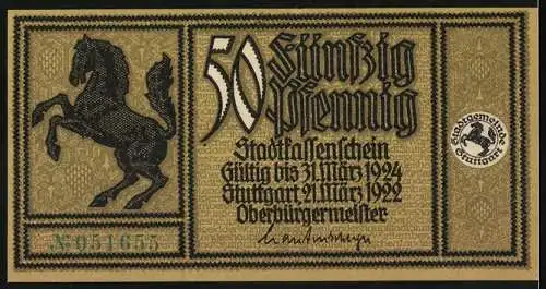 Notgeld Stuttgart 1922, 50 Pfennig, Darstellung der Königstrasse um 1828 und springendes Pferd