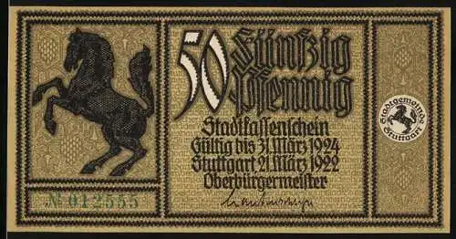Notgeld Stuttgart 1922, 50 Pfennig, springendes Pferd und alter Redoutensaal