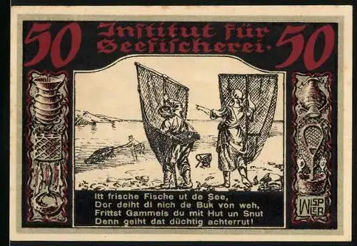 Notgeld Geestemünde 1921, 50 Pfennig, Institut für Seefischerei mit Fischernetz und Wappenmotiv