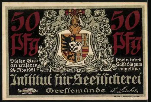 Notgeld Geestemünde 1921, 50 Pfennig, Institut für Seefischerei mit Fischernetz und Wappenmotiv