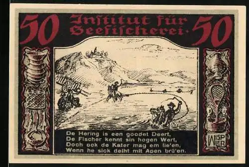 Notgeld Geestemünde 1921, 50 Pfennig, Institut für Seefischerei, beidseitig bedruckt mit Küstenmotiv und Wappen