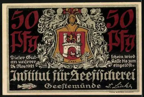 Notgeld Geestemünde 1921, 50 Pfennig, Institut für Seefischerei, beidseitig bedruckt mit Küstenmotiv und Wappen