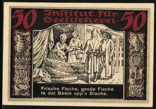 Notgeld Geestemünde 1921, 50 Pfennig, Institut für Seefischerei mit Sprüchen und Wappen