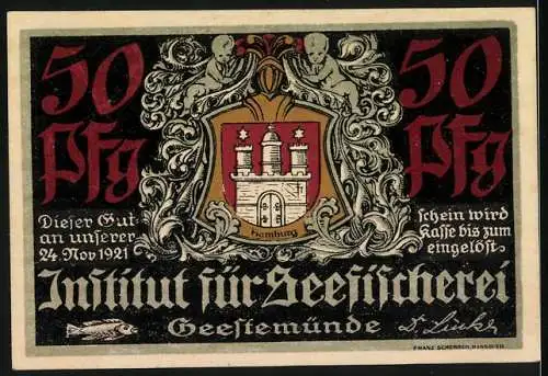 Notgeld Geestemünde 1921, 50 Pfennig, Institut für Seefischerei mit Sprüchen und Wappen