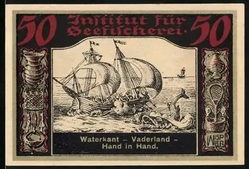 Notgeld Geestemünde, 1921, 50 Pfennig, Institut für Seefischerei, Segelschiffe und Wappen mit Fischen