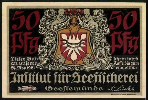 Notgeld Geestemünde, 1921, 50 Pfennig, Institut für Seefischerei, Segelschiffe und Wappen mit Fischen