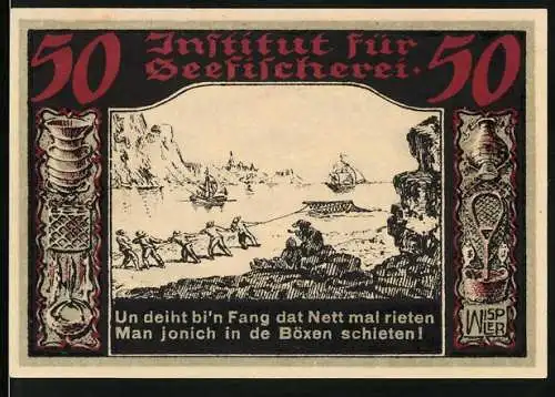 Notgeld Geestemünde 1921, 50 Pfennig, Institut für Seefischerei mit Fischereiszene und Stadtwappen