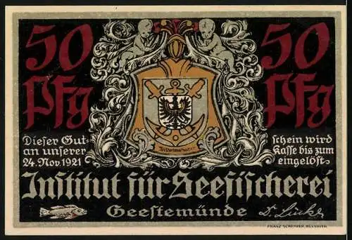 Notgeld Geestemünde 1921, 50 Pfennig, Institut für Seefischerei mit Fischereiszene und Stadtwappen