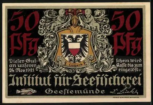 Notgeld Geestemünde 1921, 50 Pfennig, Institut für Seefischerei mit Wappen und Spruch