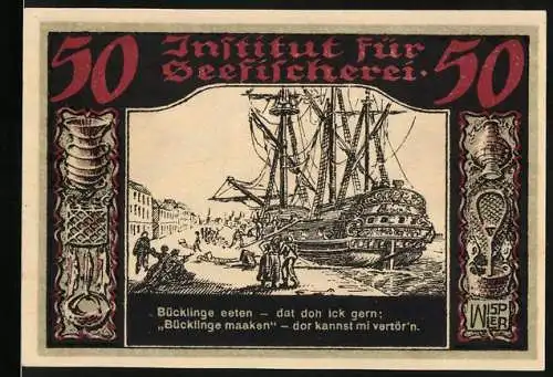 Notgeld Geestemünde 1921, 50 Pfennig, Institut für Seefischerei mit Schiff und Wappen