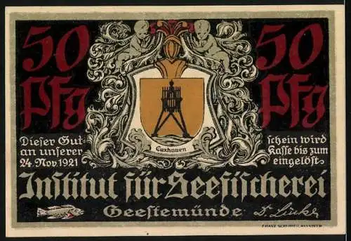 Notgeld Geestemünde 1921, 50 Pfennig, Institut für Seefischerei mit Schiff und Wappen