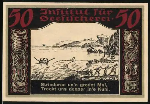Notgeld Geestemünde 1921, 50 Pfennig, Institut für Seefischerei mit Fischereiszene und Wappen