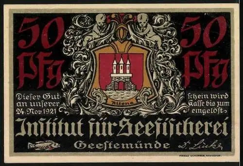 Notgeld Geestemünde 1921, 50 Pfennig, Institut für Seefischerei mit Fischereiszene und Wappen