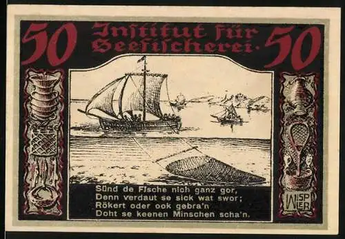 Notgeld Geestemünde 1921, 50 Pfennig, Institut für Seefischerei mit Segelschiff und Wappen