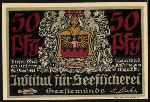 Notgeld Geestemünde 1921, 50 Pfennig, Institut für Seefischerei mit Segelschiff und Wappen