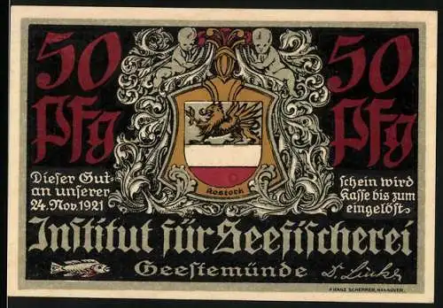Notgeld Geestemünde 1921, 50 Pfennig, Institut für Seefischerei, Wappen und Küstenszene