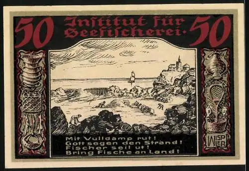 Notgeld Geestemünde 1921, 50 Pfennig, Institut für Seefischerei, Wappen und Küstenszene