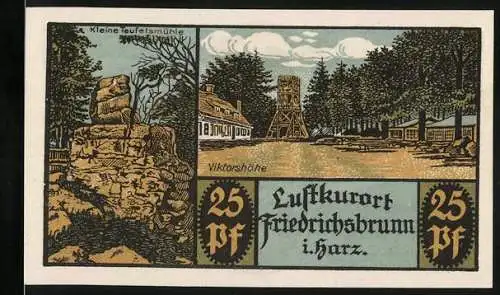 Notgeld Friedrichsbrunn, 1921, 25 Pf, Luftkurort mit Viktorshöhe und Ehrenmal