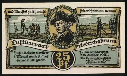 Notgeld Friedrichsbrunn, 1921, 25 Pf, Luftkurort mit Viktorshöhe und Ehrenmal