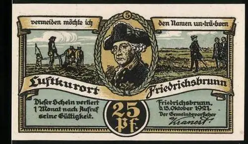 Notgeld Friedrichsbrunn, 1921, 25 Pf, Porträt Friedrich der Grosse und Landschaftsszene, Müllersteich und Badeteich