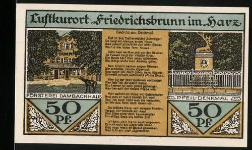 Notgeld Friedrichsbrunn, 1921, 50 Pfennig, Försterei Dambach Haus und Pfeil-Denkmal, Portrait Friedrich der Grosse