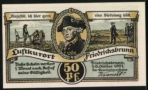 Notgeld Friedrichsbrunn, 1921, 50 Pfennig, Försterei Dambach Haus und Pfeil-Denkmal, Portrait Friedrich der Grosse