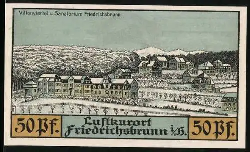 Notgeld Friedrichsbrunn, 1921, 50 Pf., Villenviertel und Sanatorium, Fischer aus Stecklenberg