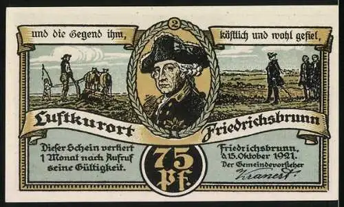 Notgeld Friedrichsbrunn, 1921, 75 Pf, Luftkurort mit Landschaft und Hirschen, Porträt Friedrich der Grosse