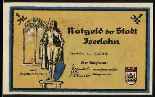 Notgeld Iserlohn 1921, 1 Mark, Graf Engelbert und Drachen steigen lassen