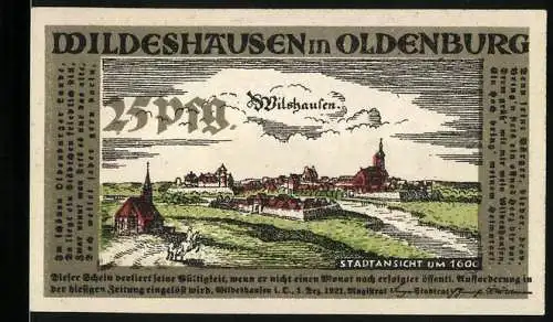 Notgeld Wildeshausen in Oldenburg, 1921, 25 Pfennig, Stadtansicht und Schützenkönig Illustration