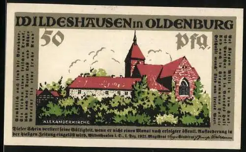 Notgeld Wildeshausen in Oldenburg, 1921, 50 Pfennig, Alexanderkirche und Schützenfest-Szene