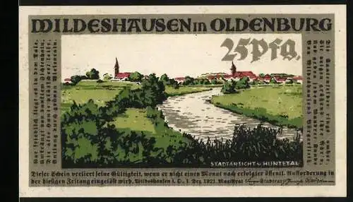 Notgeld Wildeshausen 1921, 25 Pf, Stadtansicht mit Fluss und Parade der Soldaten in grünen Uniformen
