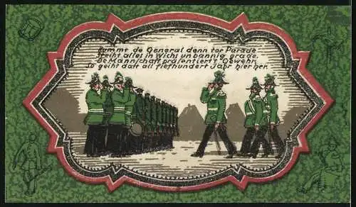 Notgeld Wildeshausen 1921, 25 Pf, Stadtansicht mit Fluss und Parade der Soldaten in grünen Uniformen