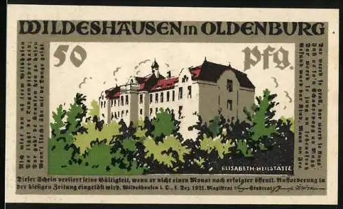 Notgeld Wildeshausen in Oldenburg, 1921, 50 Pf, Elisabeth-Heilstätte, Soldaten mit Trommeln