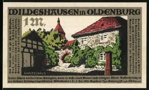 Notgeld Wildeshausen in Oldenburg 1921, 1 Mark, Kapitelhaus und Marschierende Soldaten