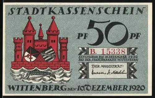 Notgeld Wittenberg 1920, 50 Pfennig, rote Burg und Martin Luther Porträt